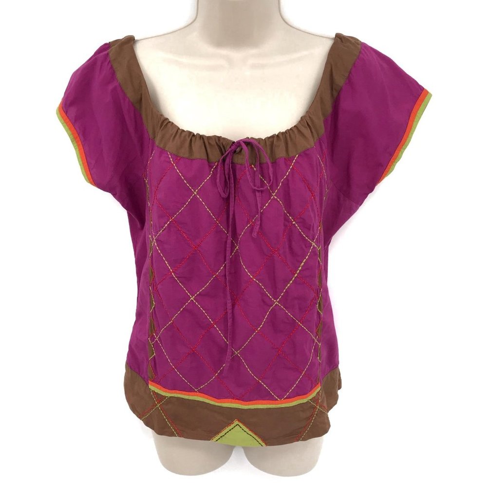 Parallel Womens Purple Boho Embroidered Short Sleeve Blouse Size 12